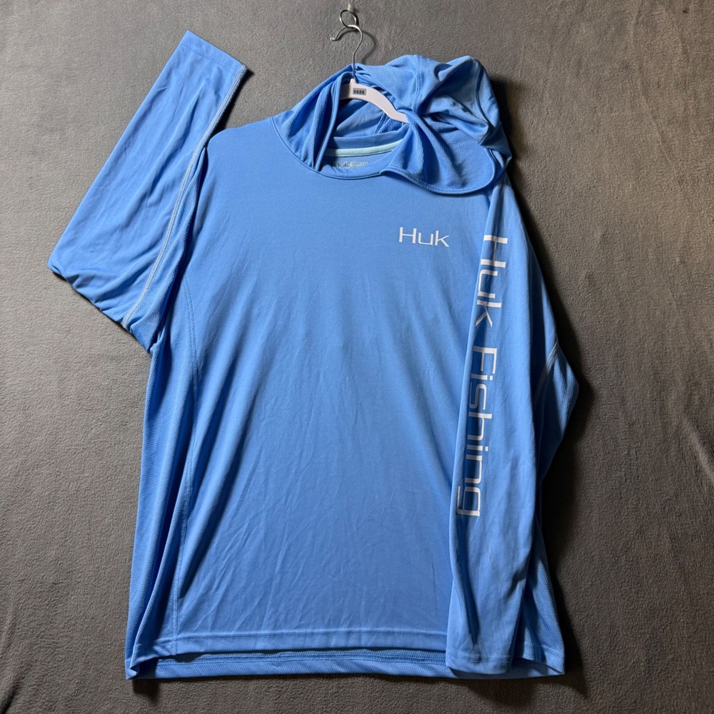 Huk Performance Fishing Hoodie Mens XL Light Blue Long Sleeve Sun Shirt Logo